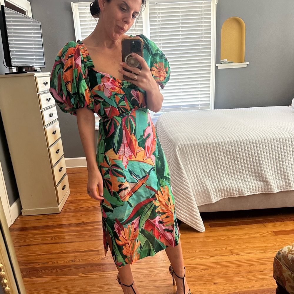 Farm Rio Multicolor Banana Foliage Puff Sleeve Midi Dress Small